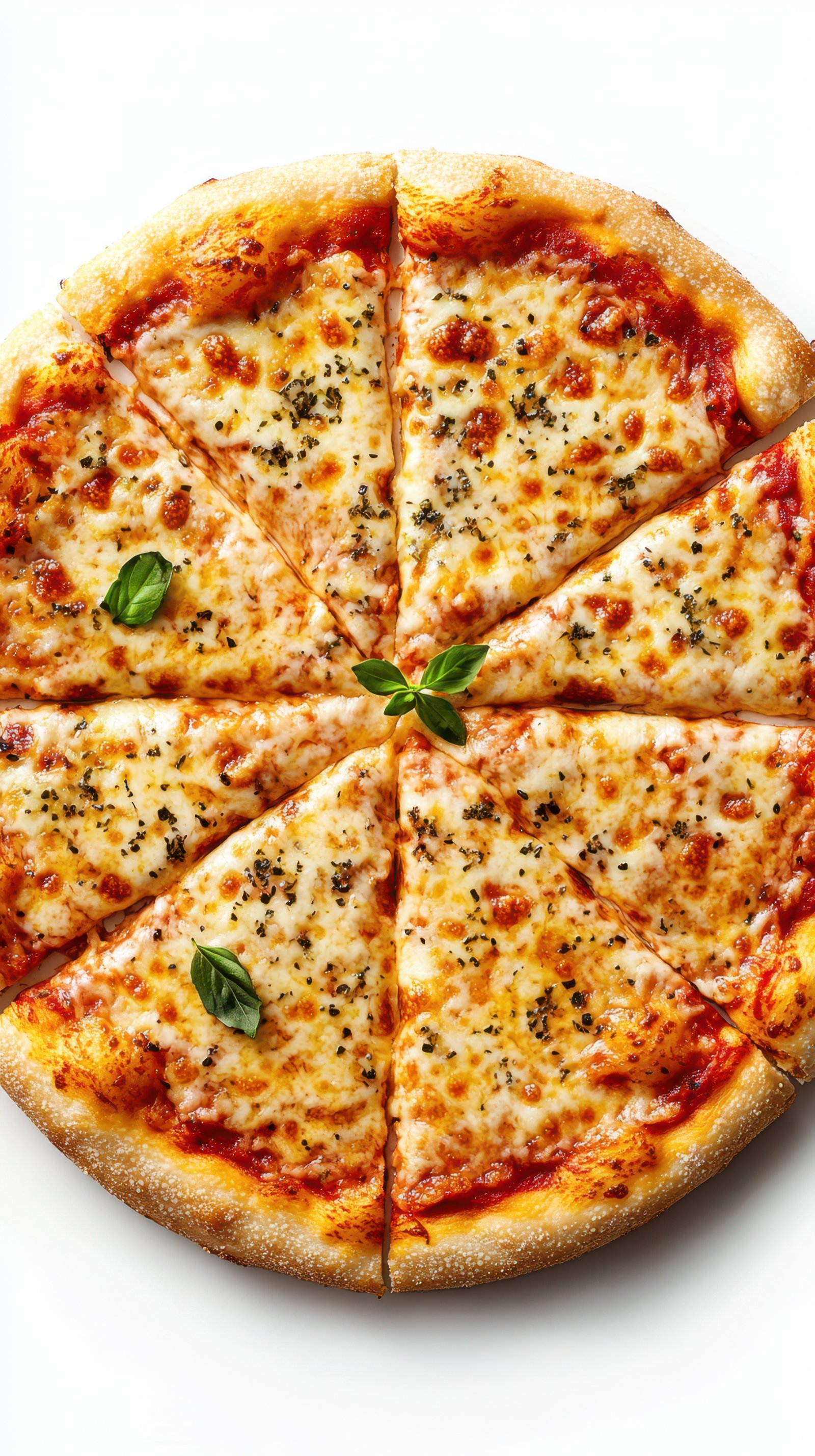 Freshly baked cheese pizza with herb toppings served in a circular shape